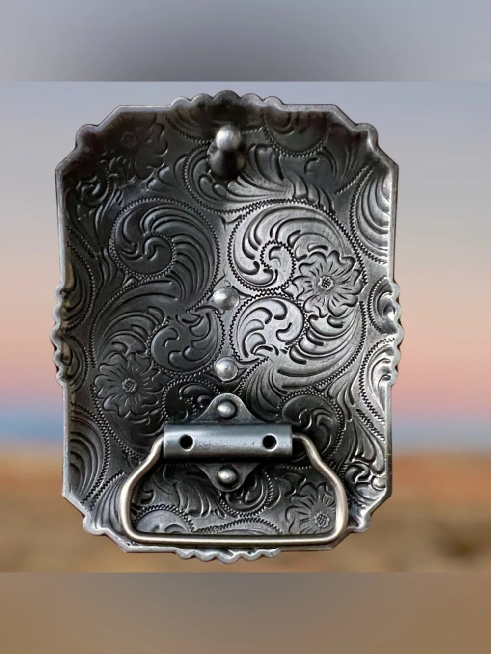 Detailed Silver Engraved Horse/Western Unisex Clip-On Belt Buckle